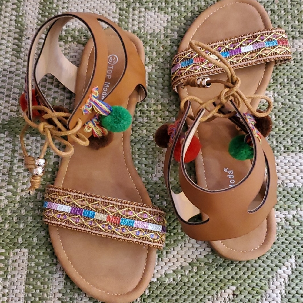 Top Moda Pom Pom Ankle Strap Sandals
